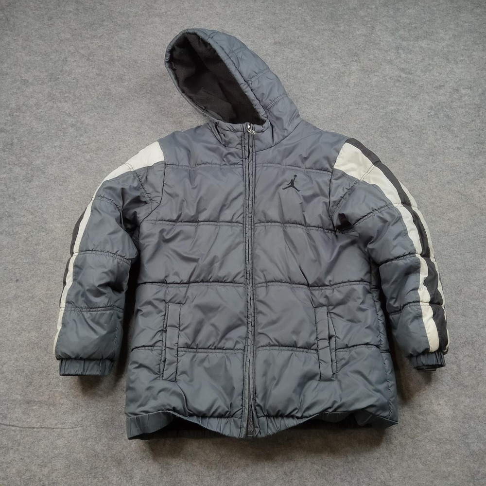 Jordan Jacket Boys Medium 10-12 Yrs‎ Gray Hooded Puffer Coat Stripe Sleeve Logo